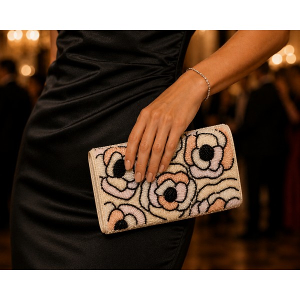 Evening Bag - Clutch - Beaded w/ Rose Print - BG-52008